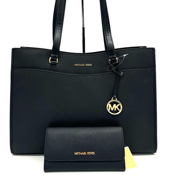 Michael Kors Large MF Pocket Shoulder Tote Bag & Trifold Wallet Black/Gold